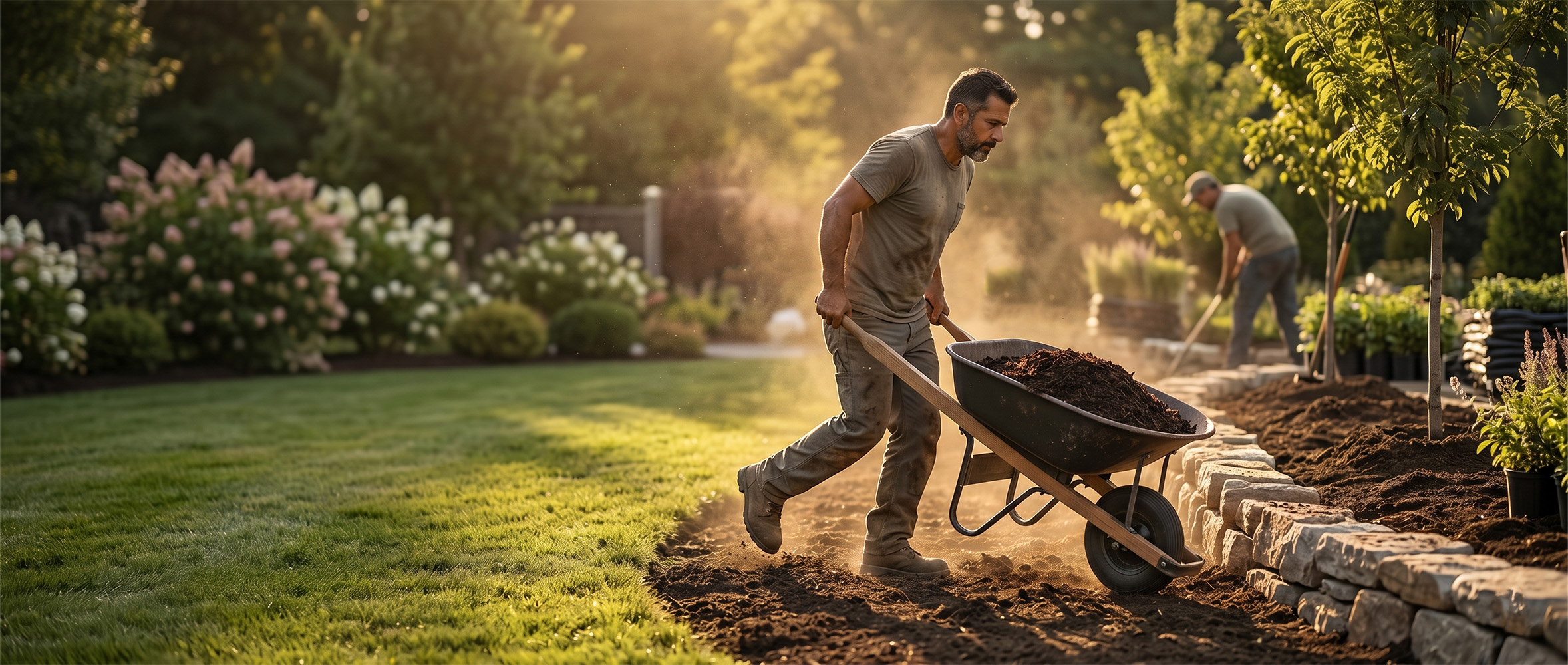 Landscaper laying a porcelain patio and stone retaining wall on a domestic garden build