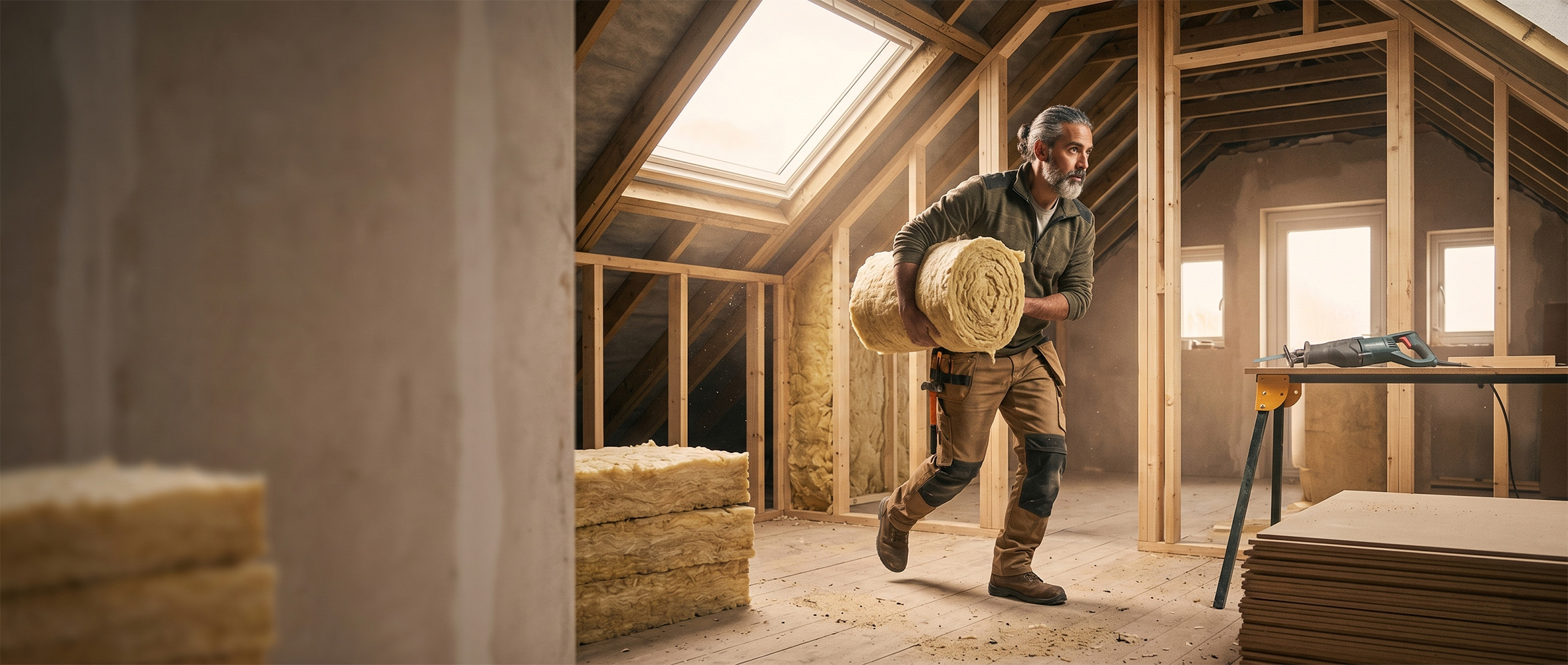Home-improvement specialist team finishing a loft conversion with rooflights and timber beams