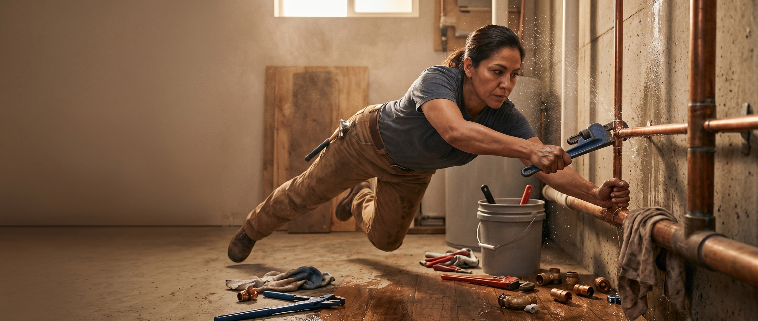 Plumber leaning into a copper pipe repair mid-motion, tools and fittings scattered around